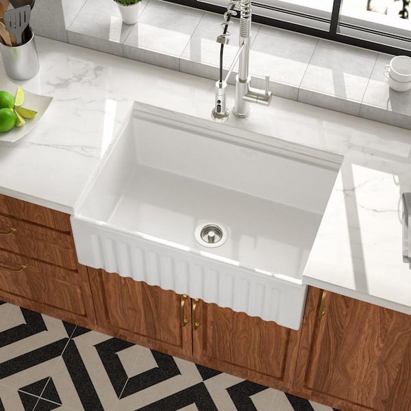 33 in. x 20 in. Fireclay White Farmhouse Single Bowl Reversible Apron Front Workstation Kitchen Sink with Accessories