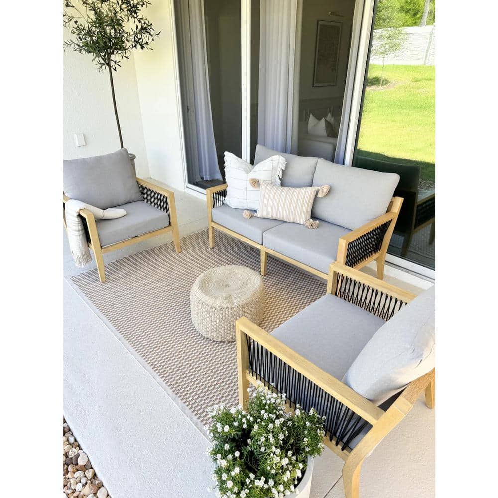 Freya Light Brown Acacia Wood Outdoor Seating Set with Gray Cushions