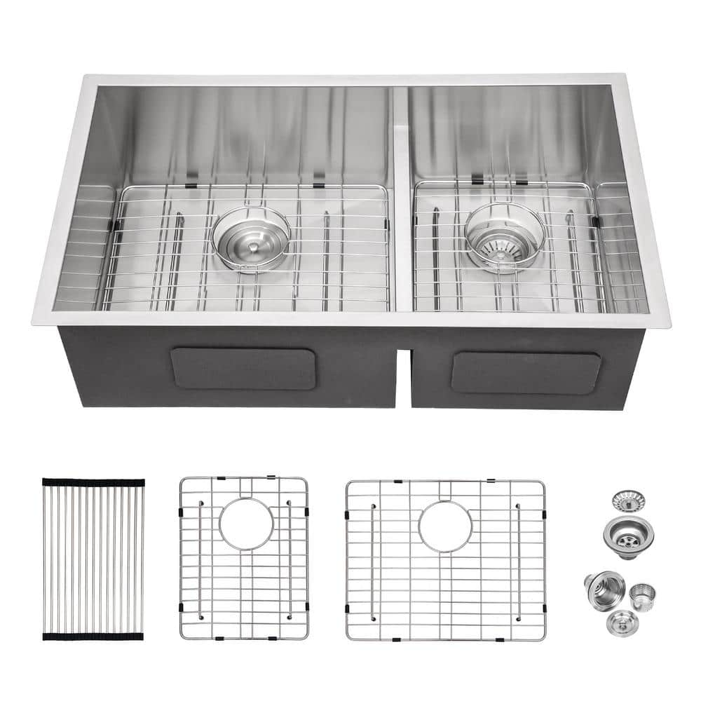 30.00 in. Undermount Double Bowl(60/40) 16-Gauge Brushed Nickel Stainless Steel Kitchen Sink with Two 10 in. D Basin