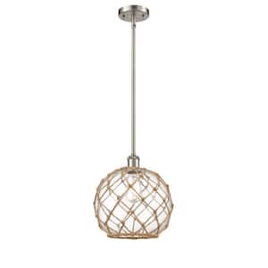 Farmhouse Rope 1-Light Brushed Satin Nickel Globe Pendant Light with Clear Glass with Brown Rope Glass and Rope Shade