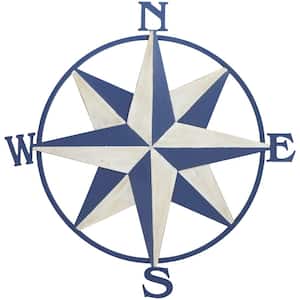 28 in. x 29 in. Wood Blue Distressed Compass Wall Decor with Cream Accents