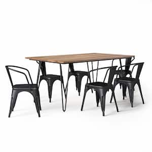 Larkin Mangowood 66 in. W Industrial III 7-Pc Dining Set With 6 Upholstered Dining Chairs in Distressed Black and Silver