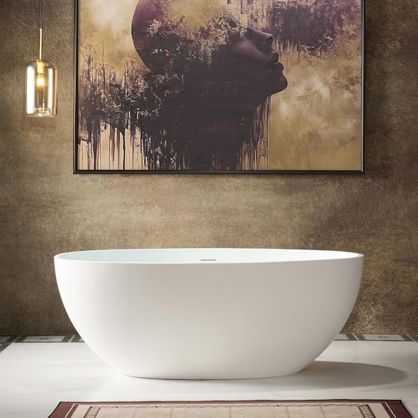 55 in. L x 30.75 in. W Luxury Solid Surface Stone Resin Freestanding Soaking Bathtub with Center Drain in Matte White