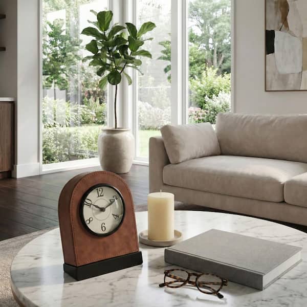 Brown Metal Faux Leather 8.25 in. H Arched Table Clock
