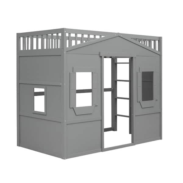 Polibi Twin Size House Loft Bed with Ladder-Gray
