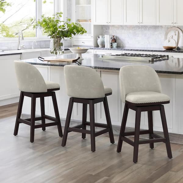 OrangeOne 26 in. Light Beige Gray Wood Frame Swivel Cushioned Bar Stool with Faux Leather, Swivel Counter Stool (Set of 3)