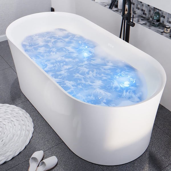 Jericho Series 67 in. x 32 in. Flat Bottom Acrylic Freestanding Air Jetted Bathtub with Center Drain in Glossy White