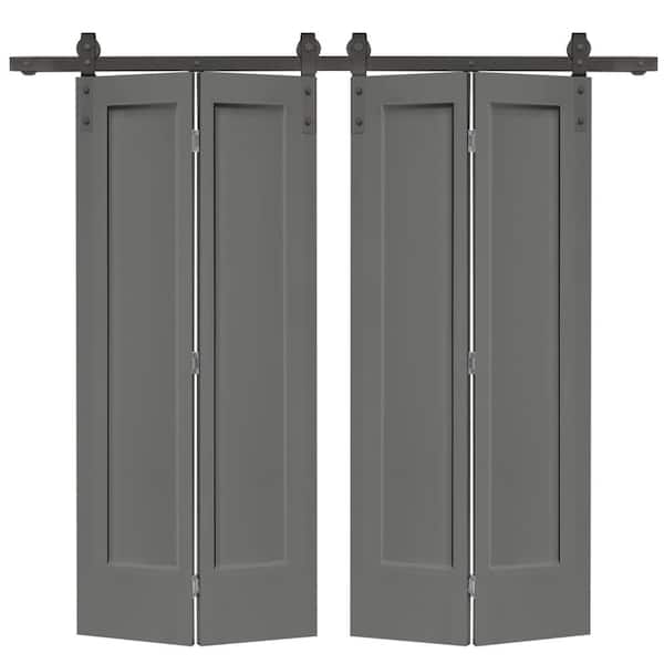 CALHOME 48 in. x 80 in. Hollow Core 1-Panel Shaker Light Gray Composite Double Bi-Fold Barn Door with Sliding Hardware Kit