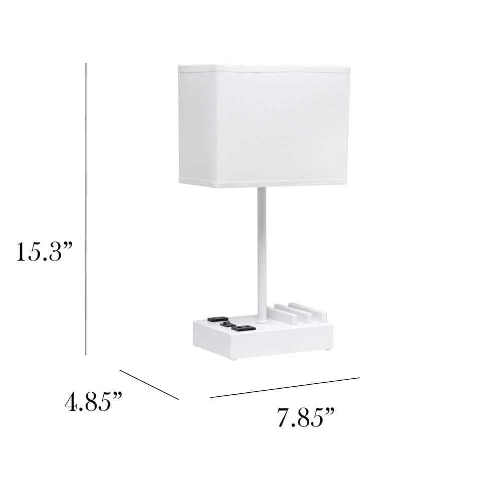 White Rectangular Nightstand Lamp with USB Ports and Charging Outlet
