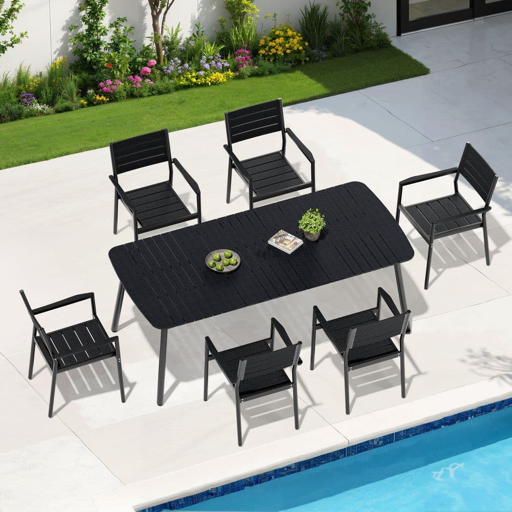 Black 7-Piece Aluminum Rectangular 81.5 in. Table Outdoor Dining Set with Armchairs price history on PriceWatchPro