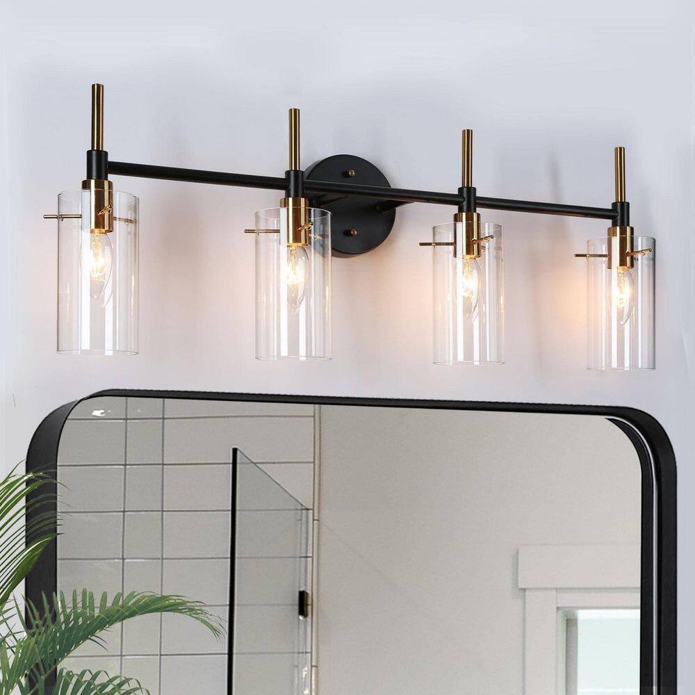 Modern 4-Light Brass Gold Wall Sconce, Black Vanity Light with Cylinder Clear Glass Shades, DIY Bathroom Wall Lights price history on PriceWatchPro