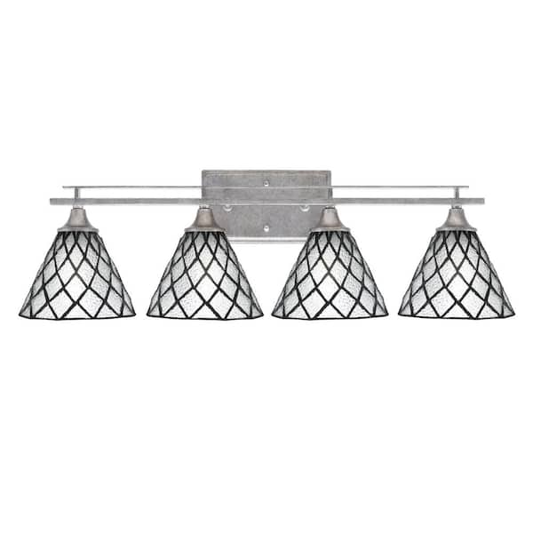 Unbranded Ontario 29.25 in. 4-Light Vanity Light Aged Silver Diamond Ice Art Glass Shades