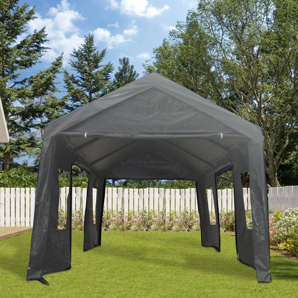 Gray 10' x 20' Portable Metal Car Shelter with Windows