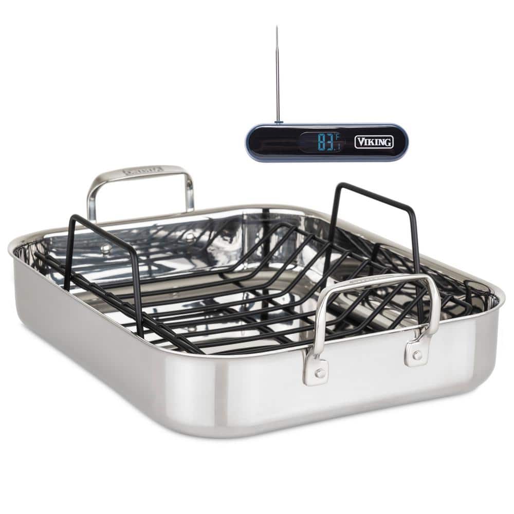 Stainless Steel Roasting Pan with Rack and Thermometer