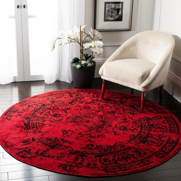 Adirondack Red/Black 6 ft. x 6 ft. Round Floral Border Area Rug