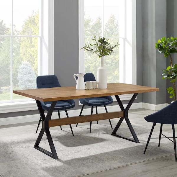 72 in. Rectangle Rustic Oak Solid Wood with Metal Modern Farmhouse Trestle Rectangle Dining Table Seats 6