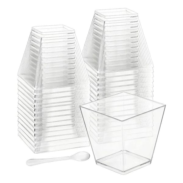 2 oz. Square Plastic Dessert Cups Clear Mini Parfait Shot Glasses Hard Plastic with Spoons 100-Pack for Parties