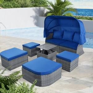 Gray 6-Piece Wicker Outdoor Patio Sofa Sunbed Set with Blue Cushions, Retractable Canopy