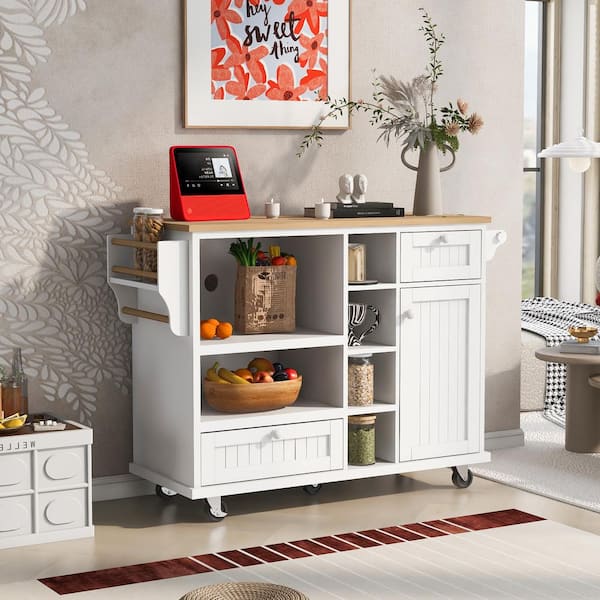 ARTCHIRLY Brown Solid Wood Top 50.8 in. White Kitchen Island with Storage Cabinet and Microwave cabinet