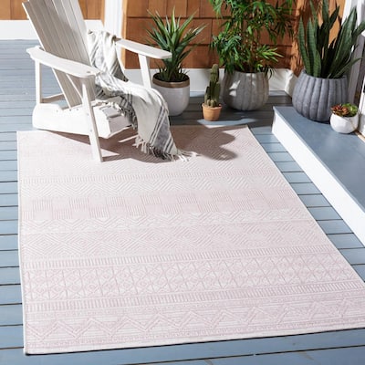 Courtyard Ivory/Pink 8 ft. x 10 ft. Striped Tribal Chevron Indoor/Outdoor Area Rug