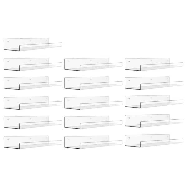 15 in. W x 4 in. D Clear Acrylic Floating Shelves for Wall Storage, Display Shelf, Decorative Wall Shelf 16 Pack