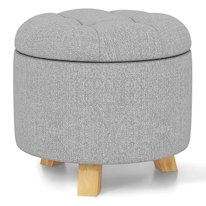 Grey Upholstered Round Ottoman Cushioned Storage Footstool with Solid Rubber Feet