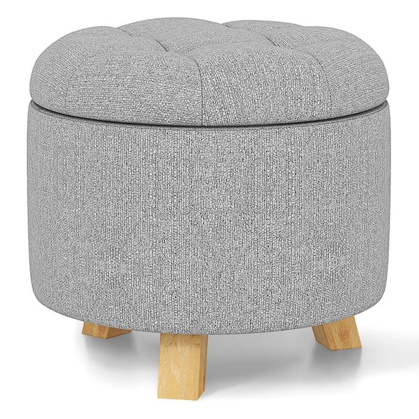 Costway Grey Upholstered Round Ottoman Cushioned Storage Footstool with Solid Rubber Feet