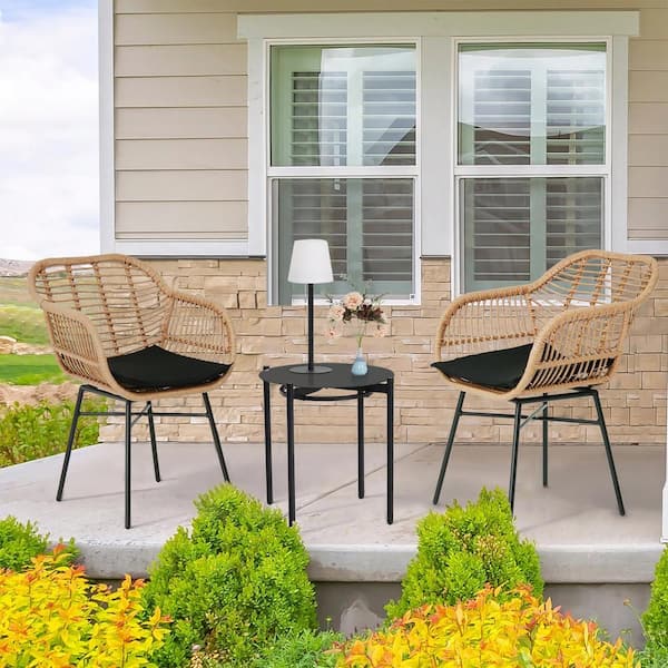 3-Piece Wicker Outdoor Bistro Set with Curved Armrest and Black Cushion