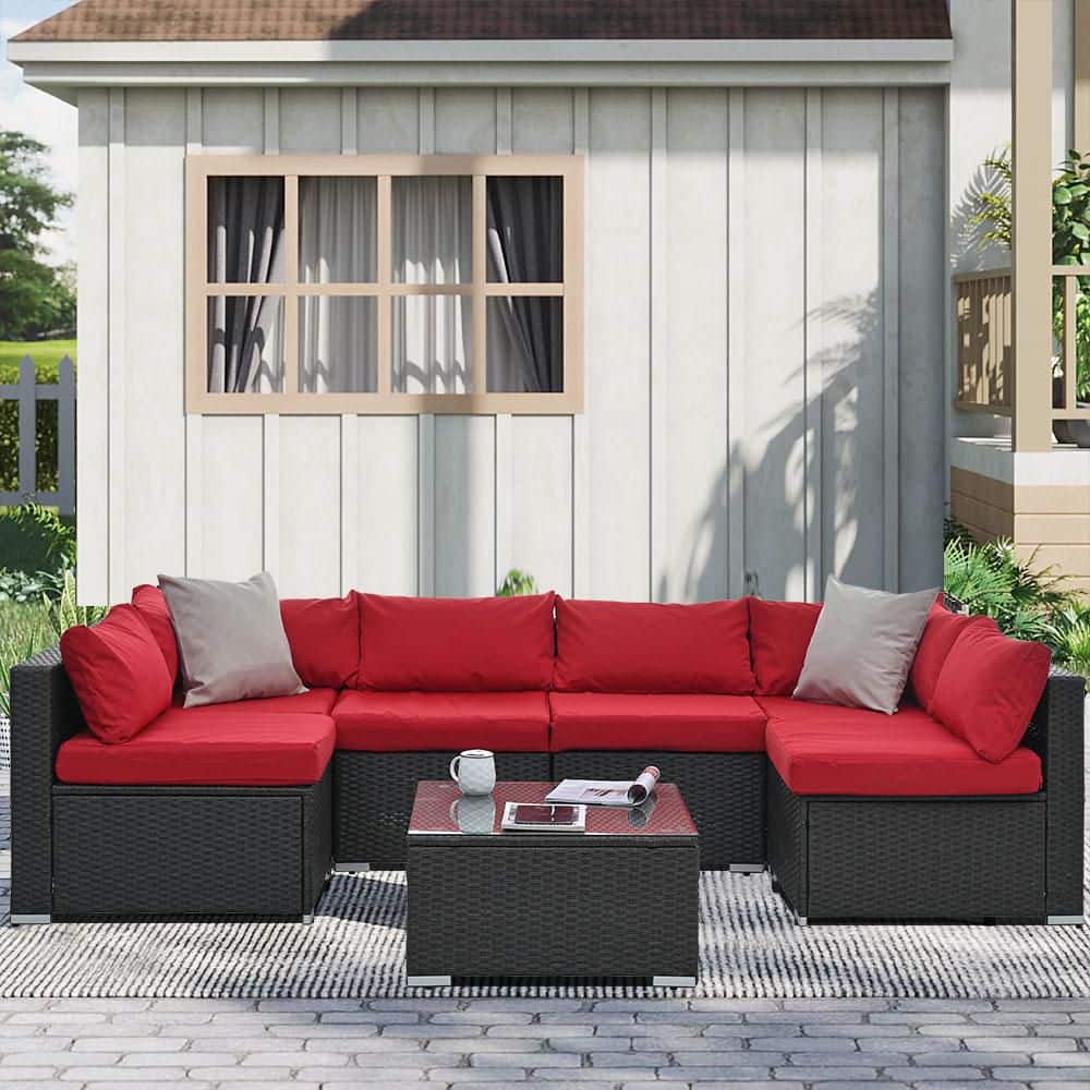 7-Piece Wicker Outdoor Sectional Sofa Set, Patio Conversation Set with Wate
