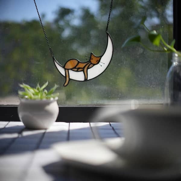 Orange Cat Decor, Handcrafted Stained Glass Window Hangings for Sleeping Cat  on Moon Decoration PU6MG8 - The Home Depot