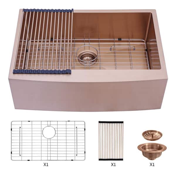 FAMYYT 36 in. Farmhouse/Apron-Front Single Bowl Rose Gold Stainless Steel Kitchen Sink with Bottom Grids and Strainer