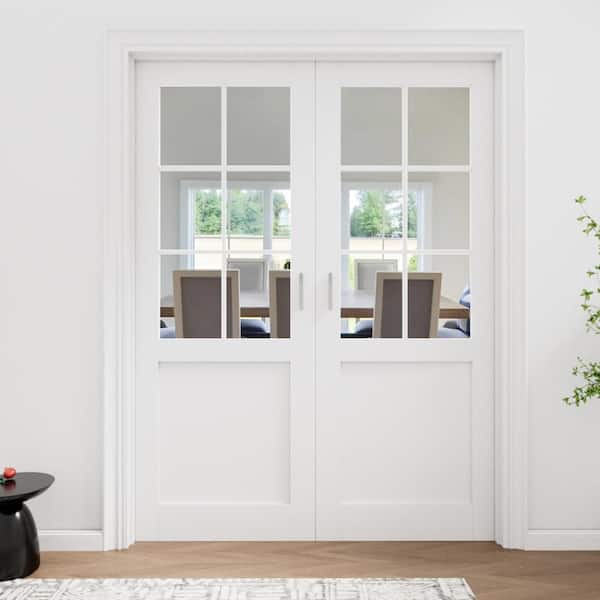 48 in. x 80 in. 6-Lite Clear Glass Universal White Solid Core Wood Ready to Assemble French Door with Separate Jamb