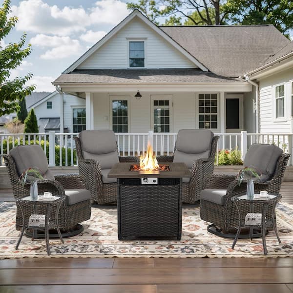Opohoro 7-Piece Brown Wicker Outdoor Square Fire Pit Conversation Set with Gray Cushions and Swivel Rocker Patio Chairs