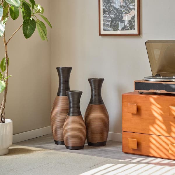 20 in. 24 in. 28 in. Brown Plastic Cylinder Artificial Rattan Floor Vase Large Decorative Vase for Living Room Set of 3