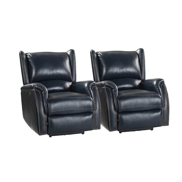JAYDEN CREATION Eduardo Navy Genuine Leather Power Recliner with Wingback Design (Set of 2)
