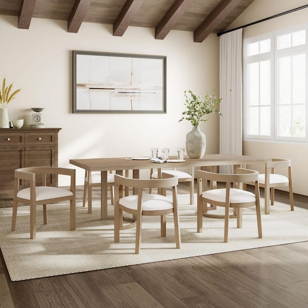 High-End Lines 7-Piece 95 in. Light Natural Dining Sets with 6 Curved Open Back Beige Upholstered Chairs