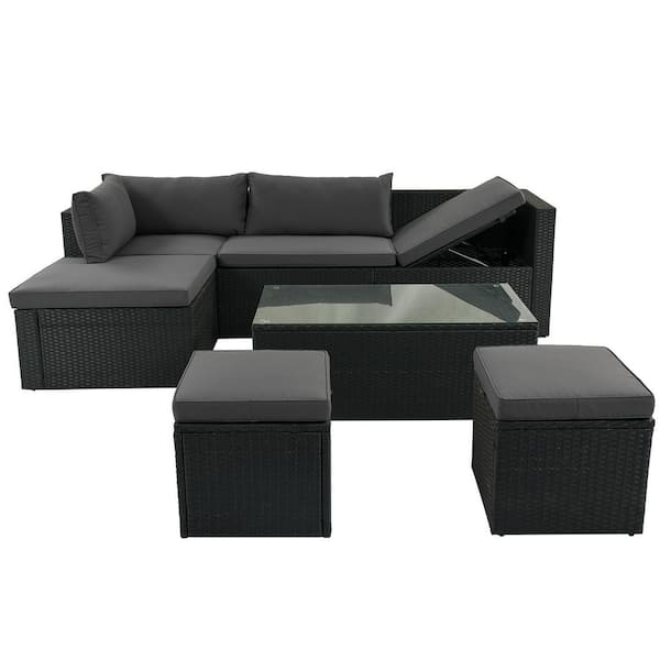Tunearary 5-Piece Wicker Outdoor Sectional Set with Removable Gray Cushions and Glass Tabletop