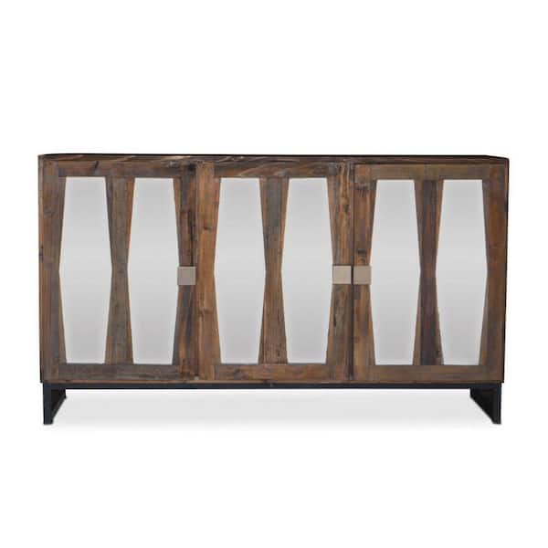 Benjara Brown Wood Top 69 in. Sideboard with 3 Glass-Doors