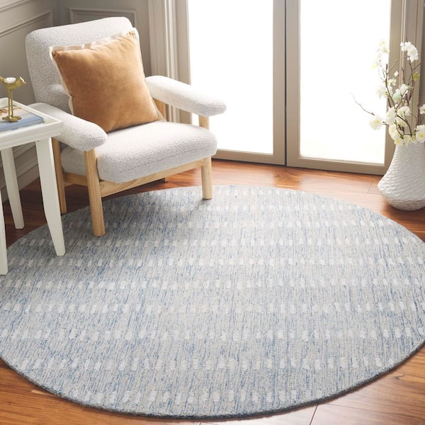 Abstract 3 ft. x 3 ft. Round Blue/Ivory Striped Stone Area Rug