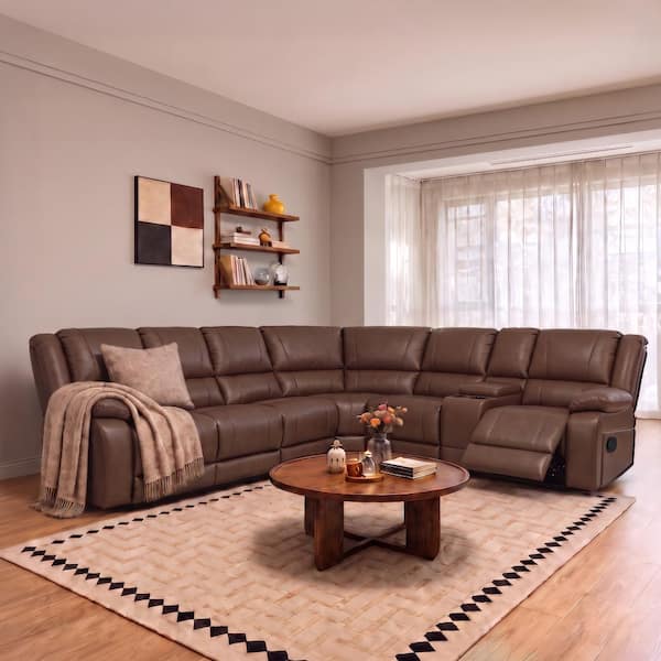 131 in.7-Piece 6-Seat Modular Modern Faux Leather Manual Reclining Sectional Sofa Set with Console in Reddish Brown