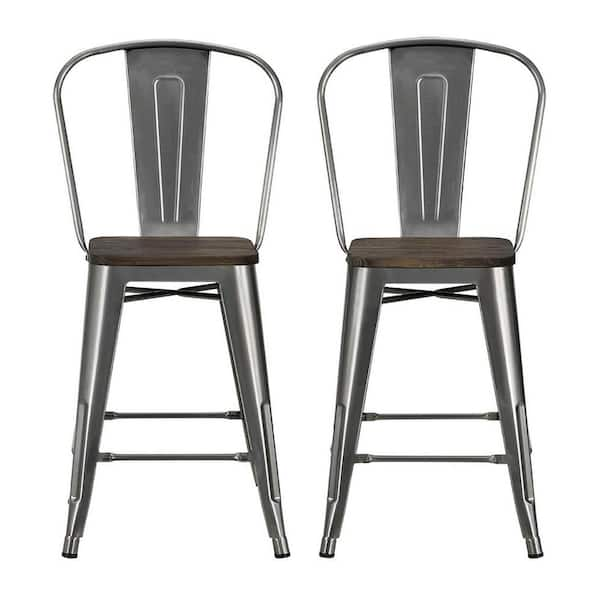 Lena 24 in. Antique Gun Metal, Metal Counter Stool with Wood Seat (Set of 2)