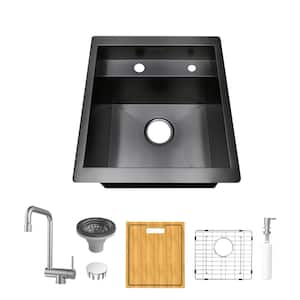 17 in. Undermount Gunmetal Black Stainless Steel Single Bowl Workstation Bar Sink with Stainless Steel Folding Faucet