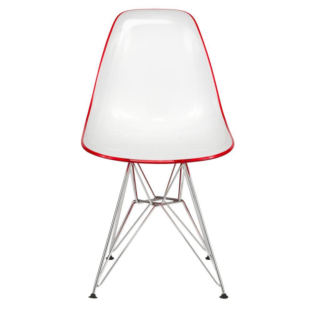 White and Red Plastic Side Chair with Chrome Eiffel Legs