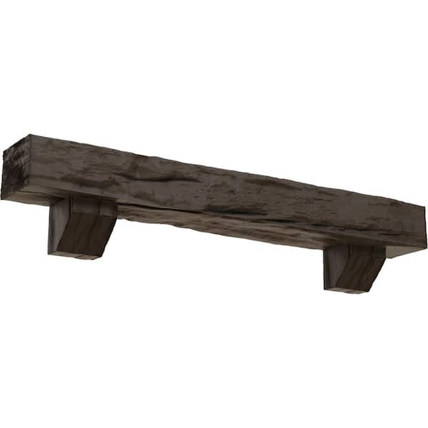 Ekena Millwork 4 in. x 4 in. x 7 ft. Riverwood Faux Wood Fireplace Mantel Kit, Ashford Corbels, Natural Honey Dew