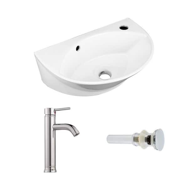 RENOVATORS SUPPLY MANUFACTURING 17 in. W Small Wall Mounted Oval Gloss Porcelain Vessel Bathroom Sink in White with Overflow, Faucet and Drain