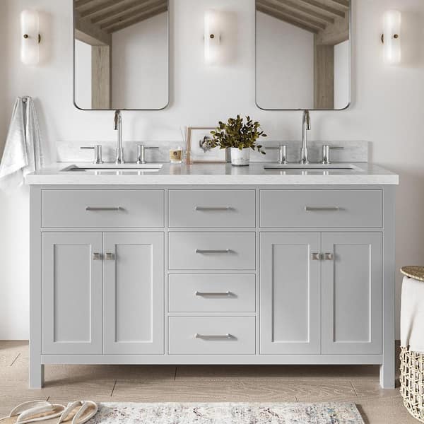 ARIEL Bristol 60 in. Double Sink Freestanding Bathroom Vanity in Gray with Carrara White Marble Top