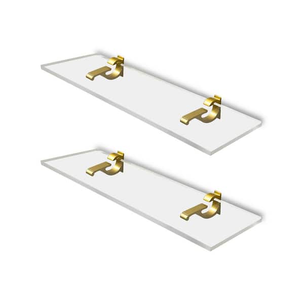 Fab Glass and Mirror 6 in. W x 0.75 in. H x 14.5 in. D Floating Wall Mount Clear Acrylic Rectangular Shelf in Brass Brackets Pack of 2