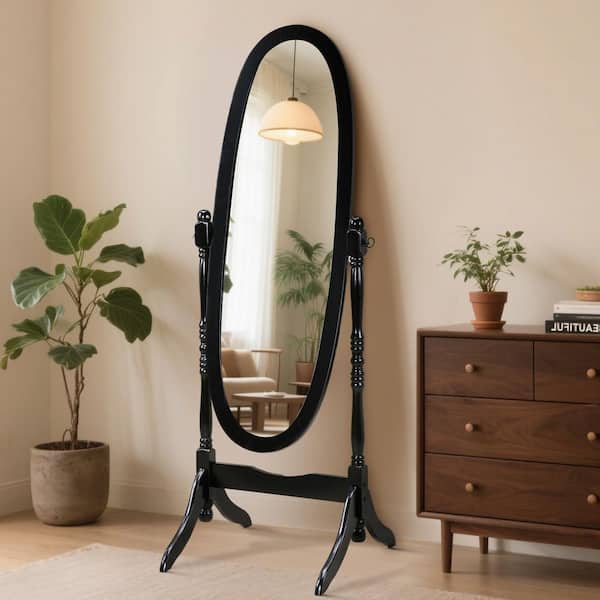 Queen Anne Style Black 16 in. W x 59.25 in. H Floor Mirror Standing Mirror Tilting Oval Wood Full Length Mirror