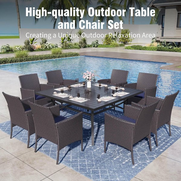 Black 9-Piece Metal Patio Outdoor Dining Set with Slat Square Table and Rattan Chairs with Blue Cushion