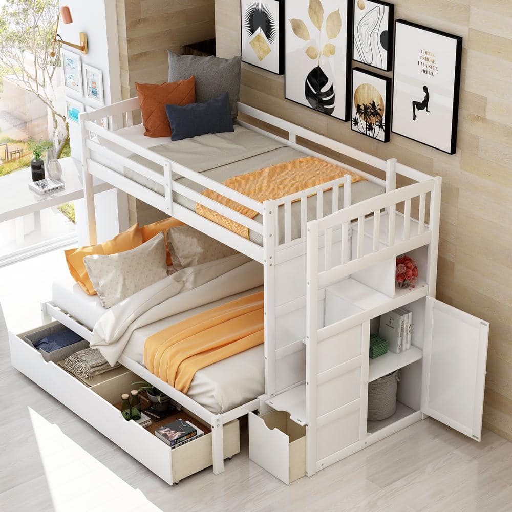 Qualler White Twin Over Full/Twin Bunk Bed With Storage Shelves And ...